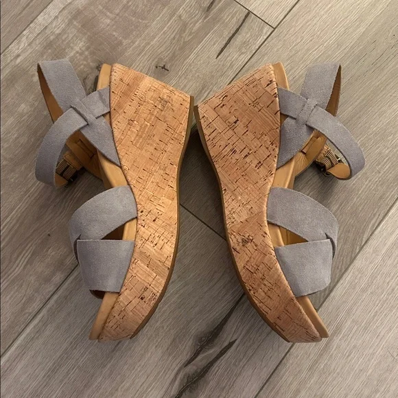 Kork-Ease Gray Suede Leather + Tan Crisscross Ankle Strap Cork Wedge Sandals - Picture 4 of 9